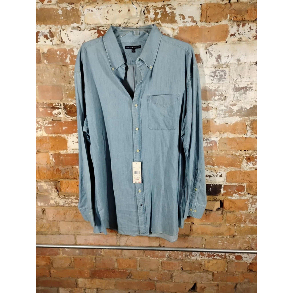 NWT Tommy Hilfiger Mens Chambray Button Down Shirt Long Sleeve Blue Size XL